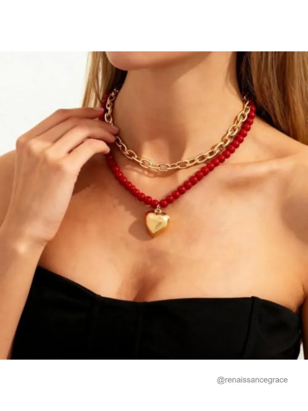 Red Beaded Layered Choker with Heart Pendant Statement Necklace 2-in-1